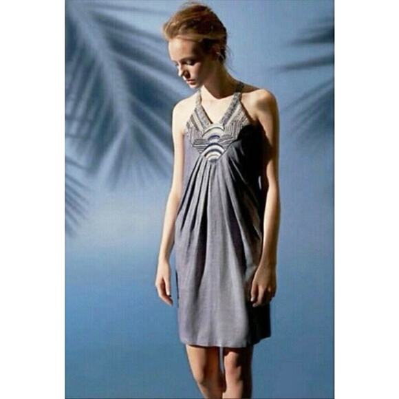 Anthropologie Women's Ranna Gill Wiltern Chambray Halter Dress Linen Embroidered - Picture 1 of 11